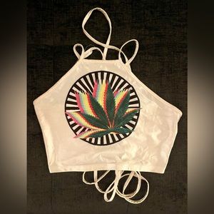 Trippy Rainbow Cannabis Leaf, Shiny Satin Lace-Up Halter Top. OS.
